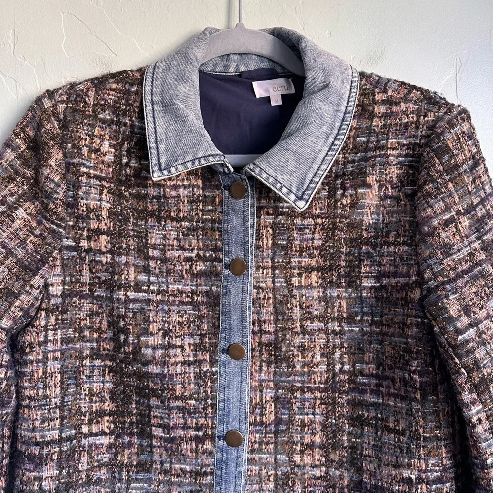 Ecru Women's Beige Brown Tweed Denim Jacket Classic Preppy Spring Sz Medium EUC‎